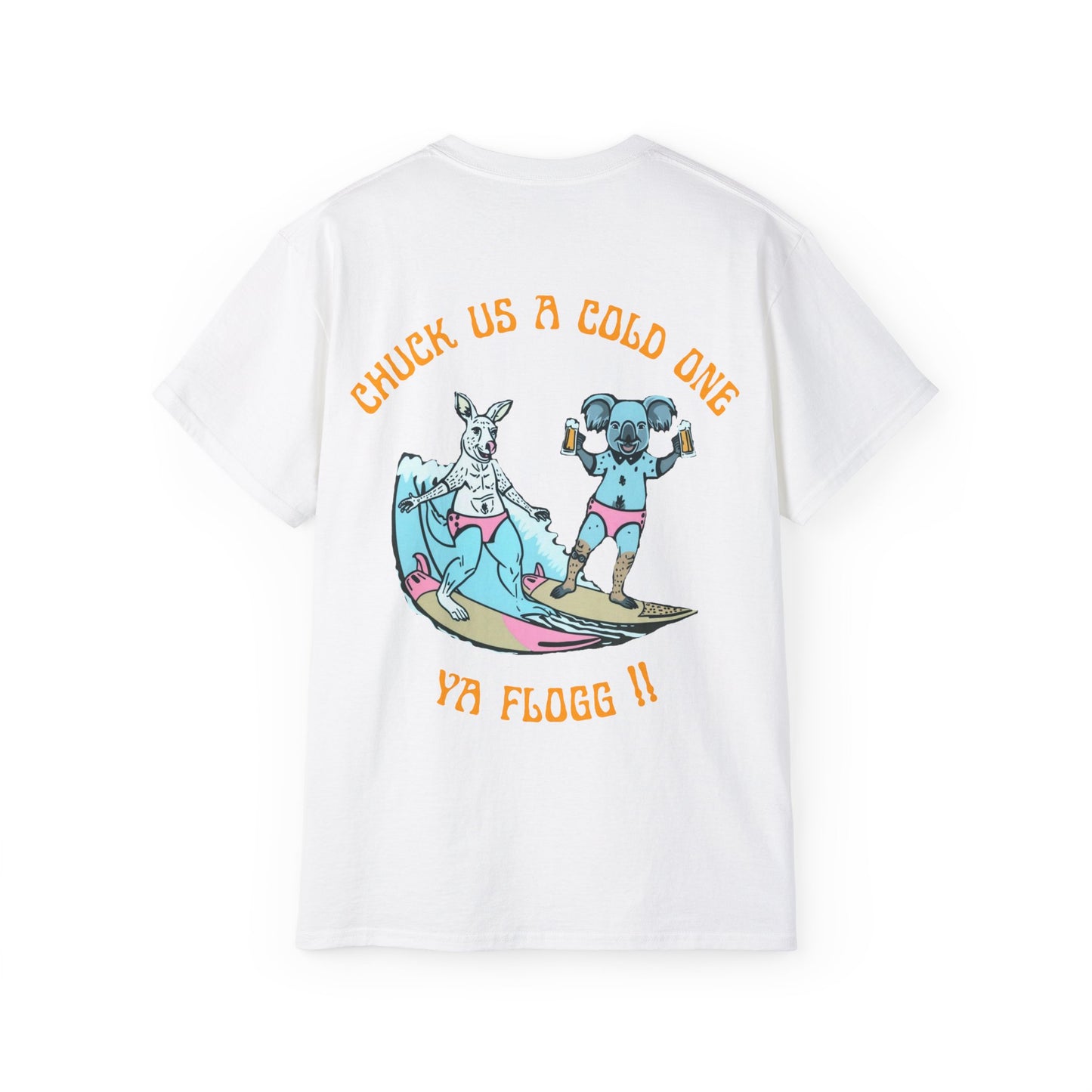 Funny Aussie Unisex Tee - 'Chuck Us a Cold One, Ya Flogg'